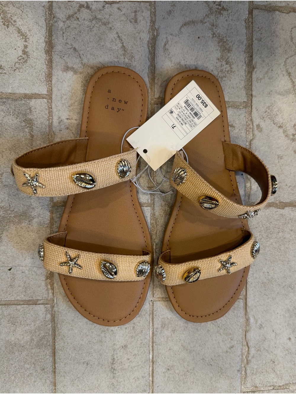 Target A new day- Tan Embellished Shell-Accent Slide Sandals